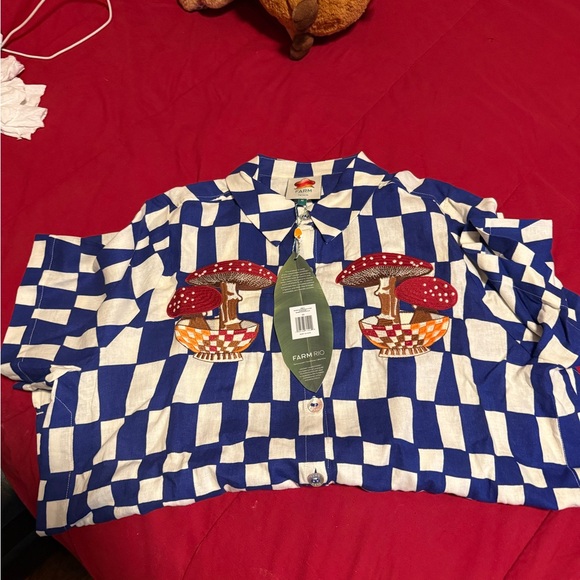 FARM Rio Tops - FARM Rio Blue and White Checkered Mushroom Shirt